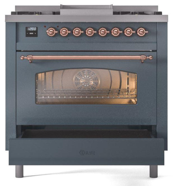 ILVE Nostalgie II 36" Dual Fuel Natural Gas Range in Blue Grey with Copper Trim, UP36FNMPBGP