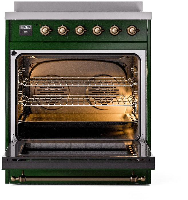 ILVE Nostalgie II 30" Induction Range with Element Stove and Electric Oven in Emerald Green with Bronze Trim, UPI304NMPEGB