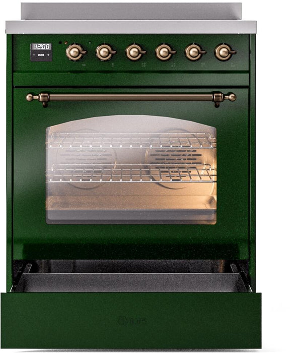 ILVE Nostalgie II 30" Induction Range with Element Stove and Electric Oven in Emerald Green with Bronze Trim, UPI304NMPEGB