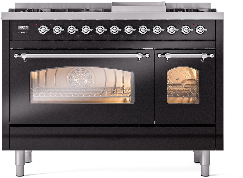 ILVE Nostalgie II 48" Dual Fuel Natural Gas Range in Black with Chrome Trim, UP48FNMPBKC