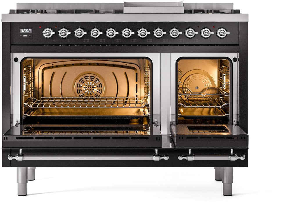 ILVE Nostalgie II 48" Dual Fuel Natural Gas Range in Black with Chrome Trim, UP48FNMPBKC