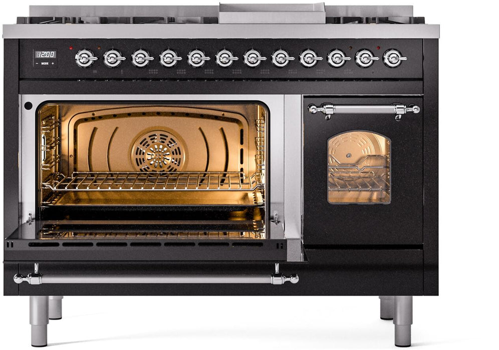 ILVE Nostalgie II 48" Dual Fuel Natural Gas Range in Black with Chrome Trim, UP48FNMPBKC