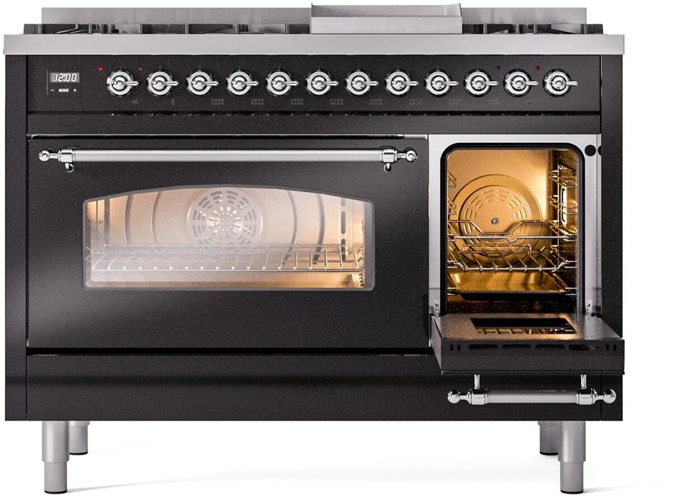 ILVE Nostalgie II 48" Dual Fuel Natural Gas Range in Black with Chrome Trim, UP48FNMPBKC