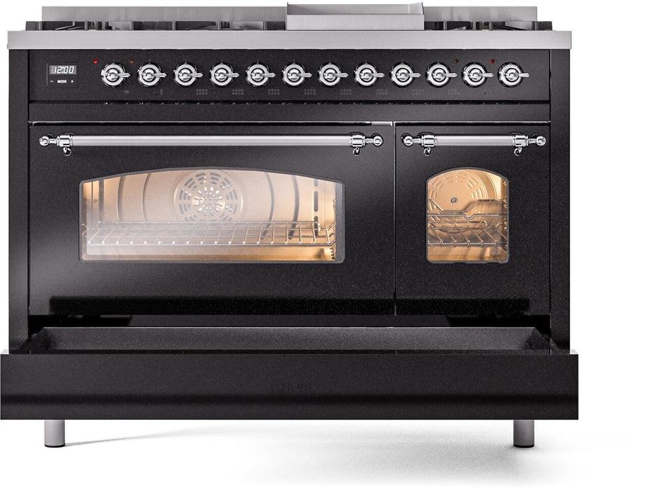 ILVE Nostalgie II 48" Dual Fuel Natural Gas Range in Black with Chrome Trim, UP48FNMPBKC