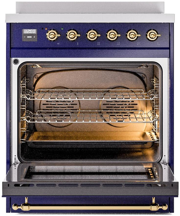 ILVE Nostalgie II 30" Induction Range with Element Stove and Electric Oven in Blue with Brass Trim, UPI304NMPMBG