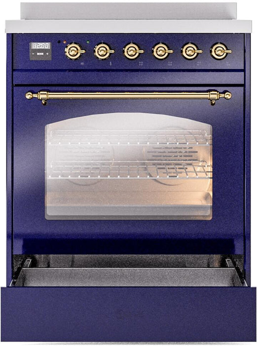 ILVE Nostalgie II 30" Induction Range with Element Stove and Electric Oven in Blue with Brass Trim, UPI304NMPMBG