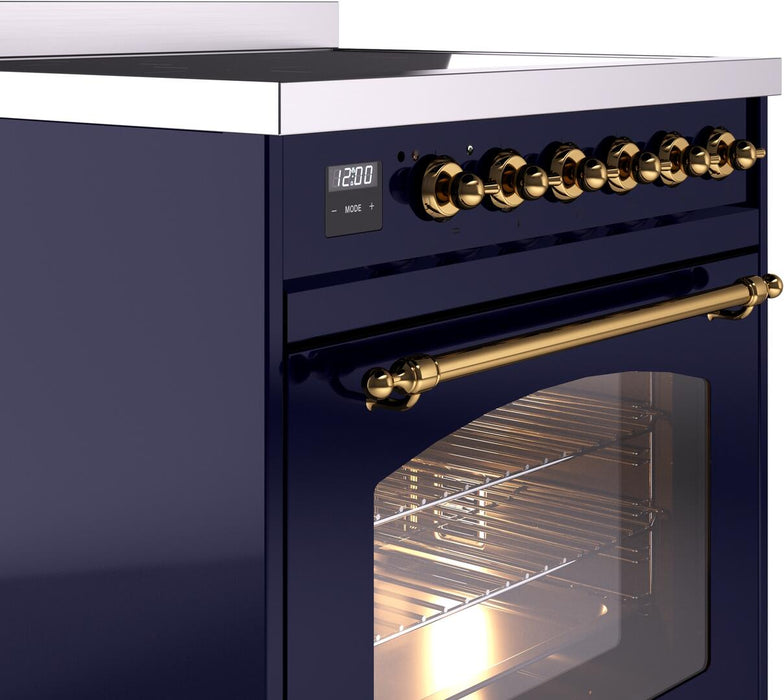 ILVE Nostalgie II 30" Induction Range with Element Stove and Electric Oven in Blue with Brass Trim, UPI304NMPMBG