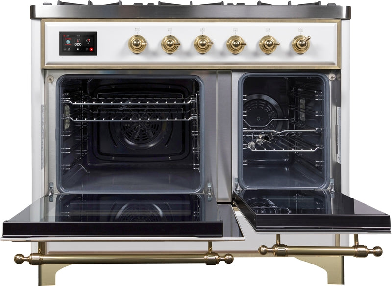 ILVE Majestic II 40" Dual Fuel Propane Gas Range in White with Brass Trim, UMD10FDNS3WHGLP