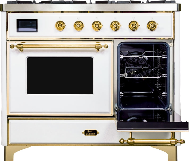 ILVE Majestic II 40" Dual Fuel Propane Gas Range in White with Brass Trim, UMD10FDNS3WHGLP