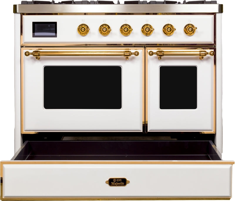 ILVE Majestic II 40" Dual Fuel Propane Gas Range in White with Brass Trim, UMD10FDNS3WHGLP