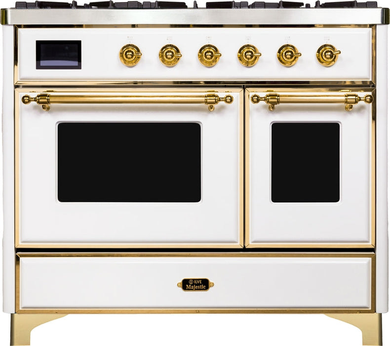 ILVE Majestic II 40" Dual Fuel Propane Gas Range in White with Brass Trim, UMD10FDNS3WHGLP