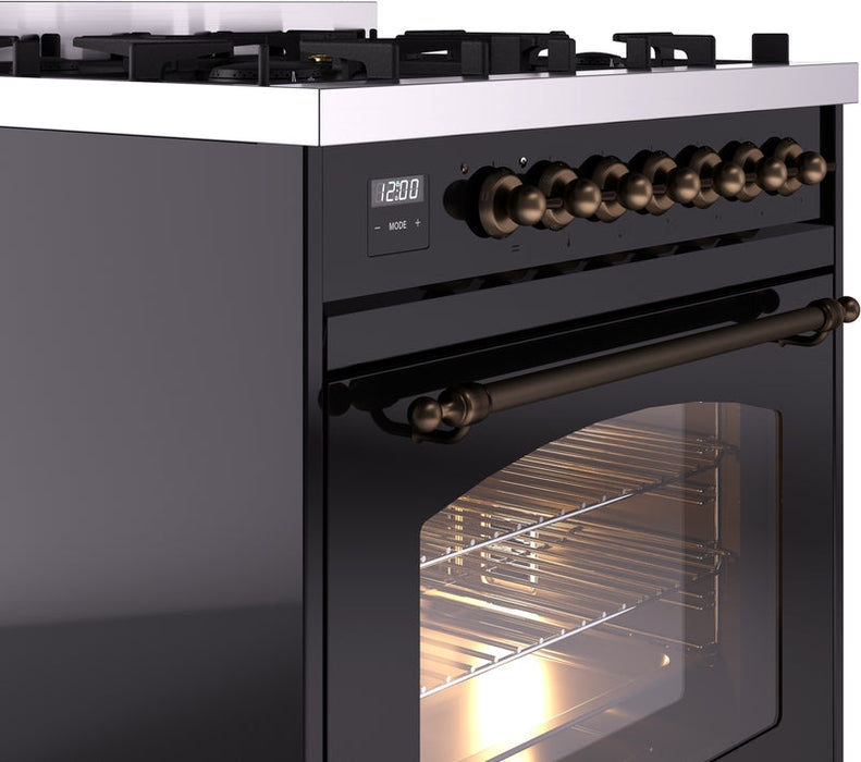 ILVE Nostalgie II 30" Dual Fuel Natural Gas Range in Black with Bronze Trim, UP30NMPBKB