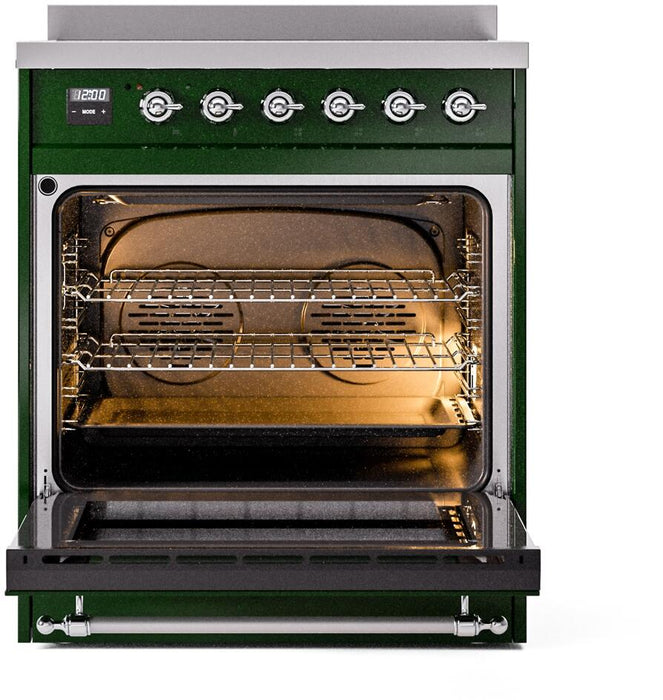 ILVE Nostalgie II 30" Induction Range with Element Stove and Electric Oven in Emerald Green with Chrome Trim, UPI304NMPEGC