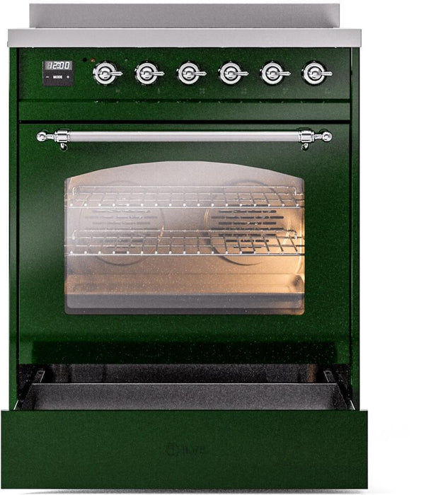 ILVE Nostalgie II 30" Induction Range with Element Stove and Electric Oven in Emerald Green with Chrome Trim, UPI304NMPEGC