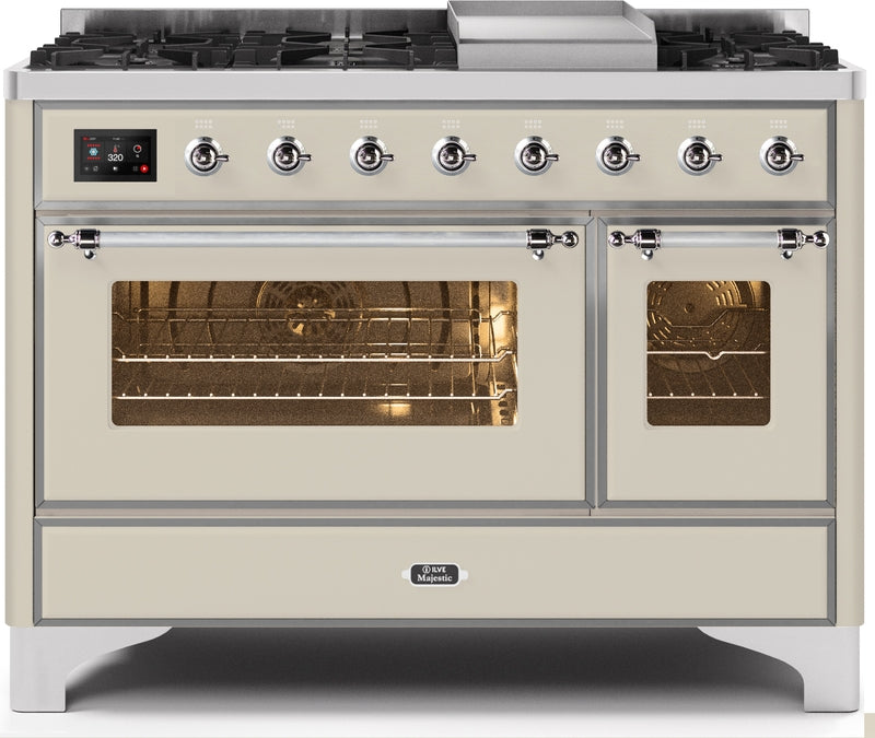 ILVE Majestic II 48" Dual Fuel Propane Gas Range in Antique White with Chrome Trim, UM12FDNS3AWCLP