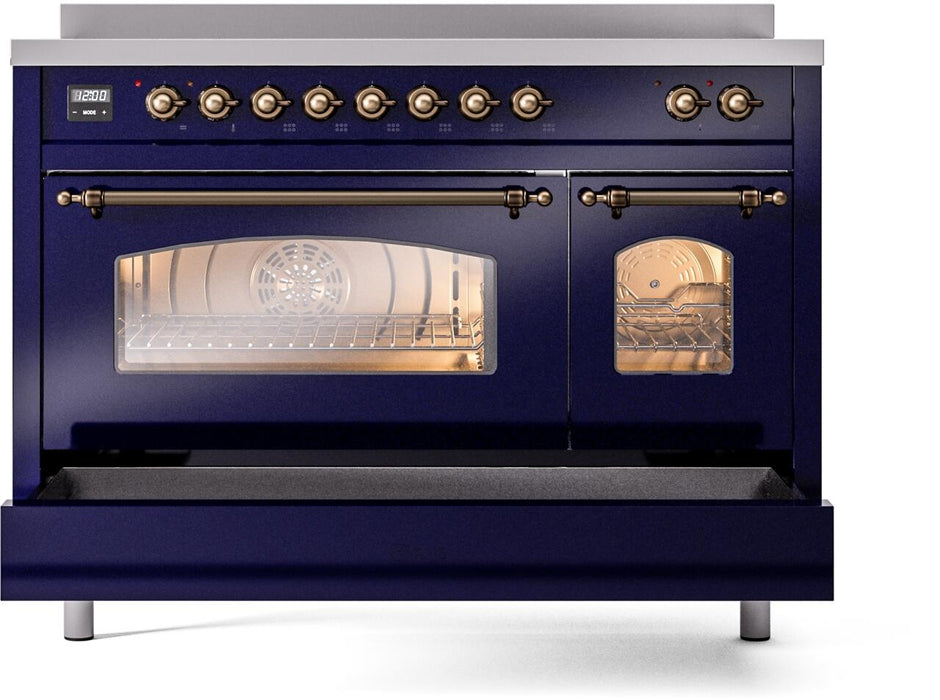 ILVE Nostalgie II 48" Induction Range with Element Stove and Electric Oven in Blue with Bronze Trim, UPI486NMPMBB