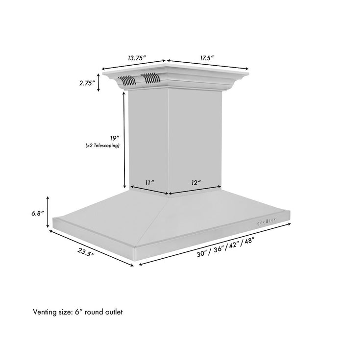 ZLINE 48 in. Island Mount Range Hood in Stainless Steel with Built-in CrownSound Bluetooth Speakers, GL2iCRN-BT-48