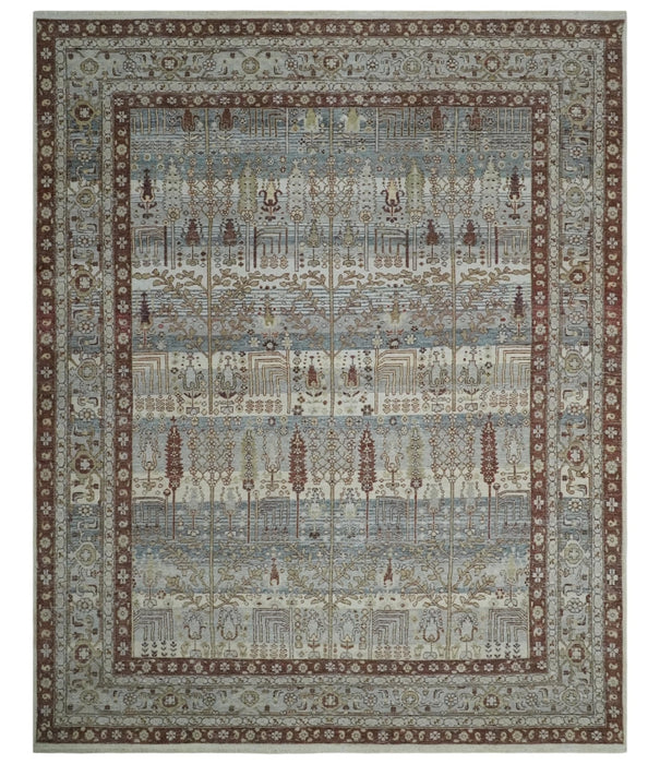 Distress Finish Tree of life Gray, Ivory, Brown and Olive Traditional Floral Hand knotted 8x10 wool Area Rug