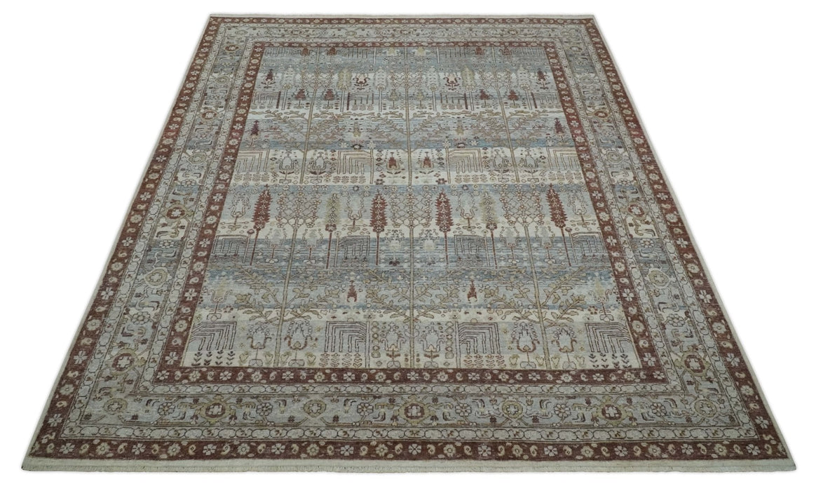 Distress Finish Tree of life Gray, Ivory, Brown and Olive Traditional Floral Hand knotted 8x10 wool Area Rug