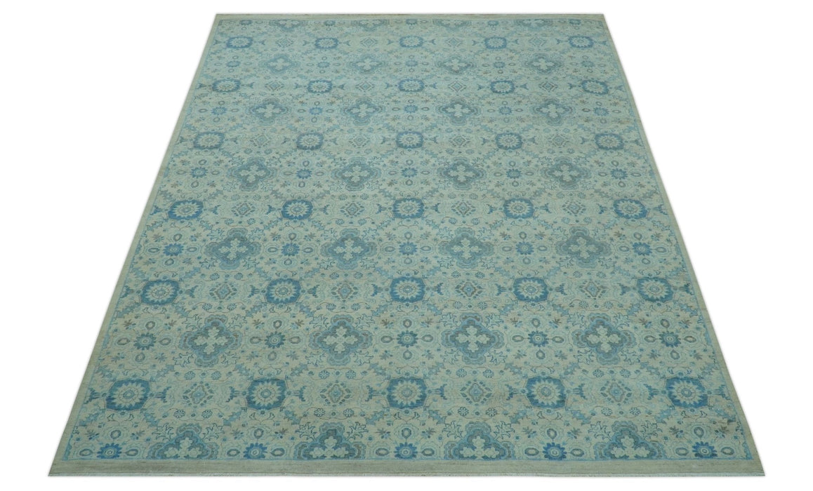 Distressed Hand Knotted Blue And Beige Oriental Design 8x10 Wool Area Rug