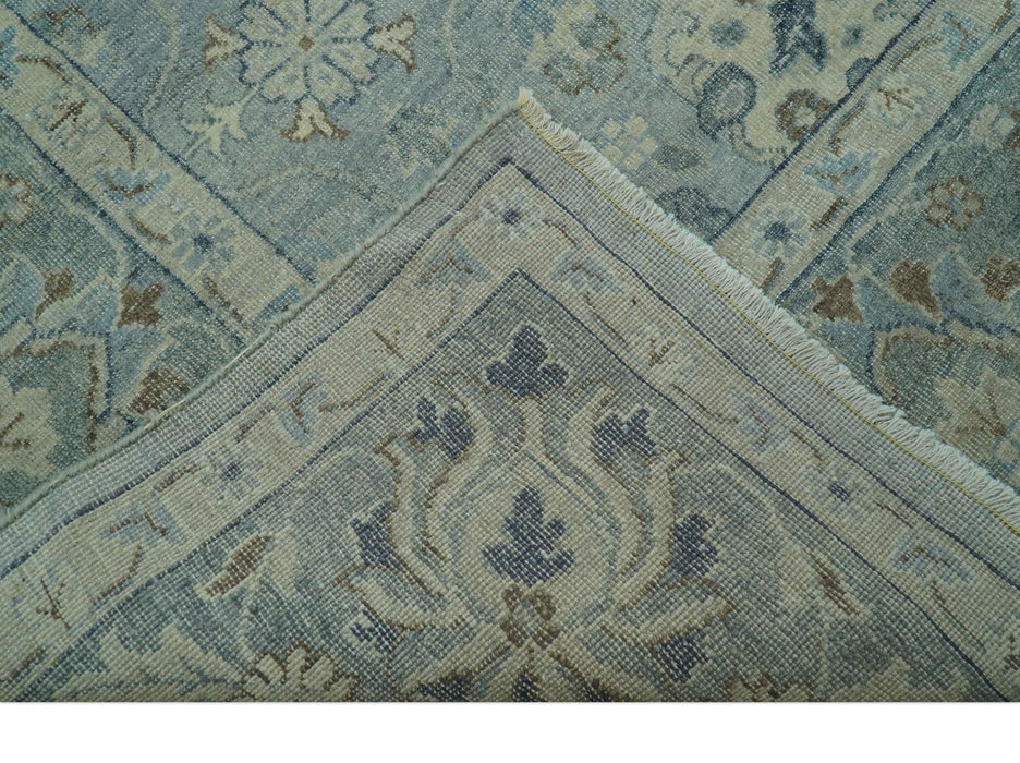 Distressed Hand Knotted Blue And Beige Traditional Design 9x13 Wool Area Rug