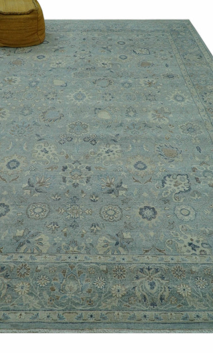 Distressed Hand Knotted Blue And Beige Traditional Design 9x13 Wool Area Rug