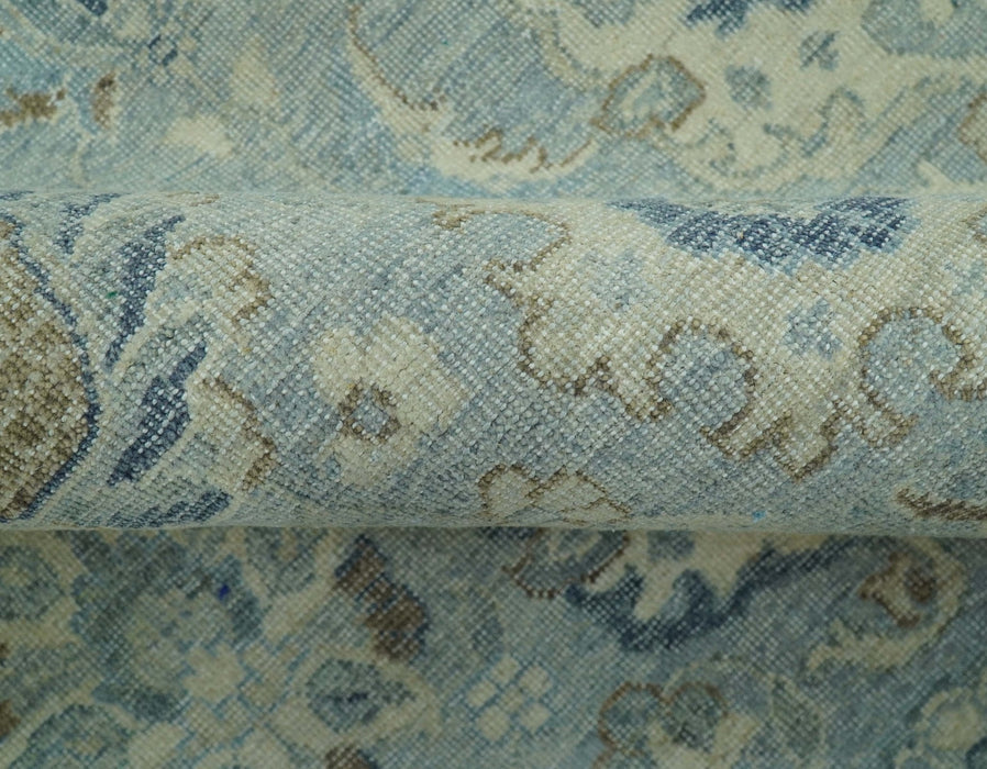 Distressed Hand Knotted Blue And Beige Traditional Design 9x13 Wool Area Rug