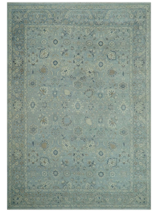 Distressed Hand Knotted Blue And Beige Traditional Design 9x13 Wool Area Rug