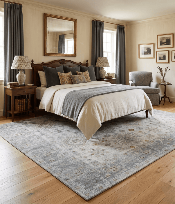Distressed Hand Knotted Traditional  Silver and Rust Custom Made Wool Area Rug