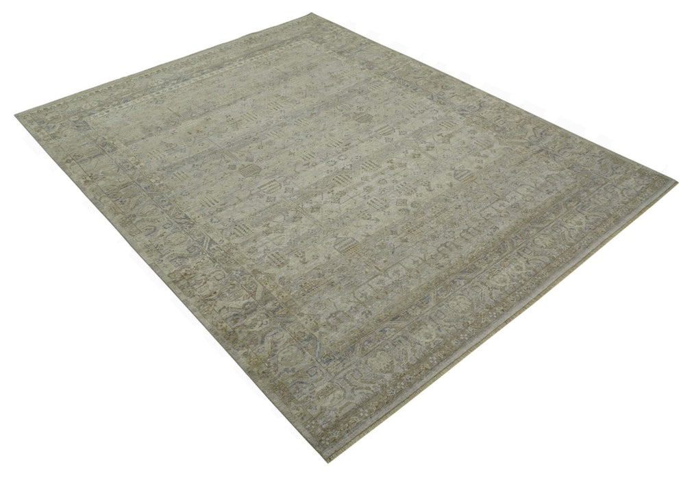 Distressed Silver And Beige Hand Knotted khotan design Custom Made wool area rug