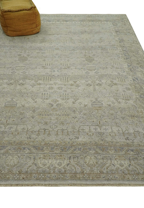 Distressed Silver And Beige Hand Knotted khotan design Custom Made wool area rug