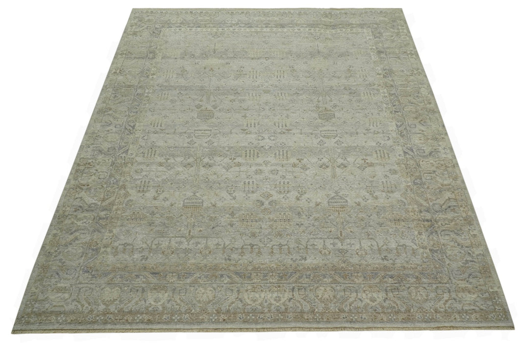 Distressed Silver And Beige Hand Knotted khotan design Custom Made wool area rug