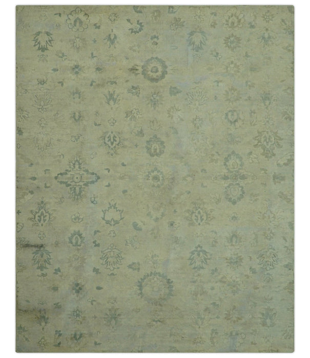 Distressed Traditional Design Blue And Beige Hand Knotted 8x10 Wool Area Rug