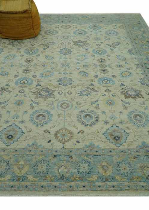 Distressed traditional Design Blue And Beige Hand Knotted 8x10 Wool Area Rug