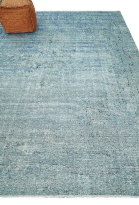 Distressed Vintage 8x11 Blue Traditional Oxidized Textured Persian Low Pile Wool Rug | TRD4308