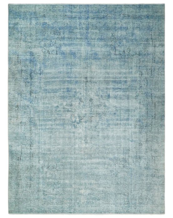 Distressed Vintage 8x11 Blue Traditional Oxidized Textured Persian Low Pile Wool Rug | TRD4308