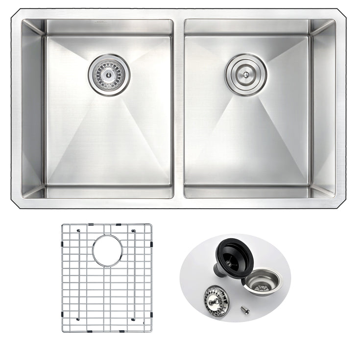 Vanguard Undermount Stainless Steel 32 in. 0-Hole 50/50 Double Bowl Kitchen Sink in Brushed Satin