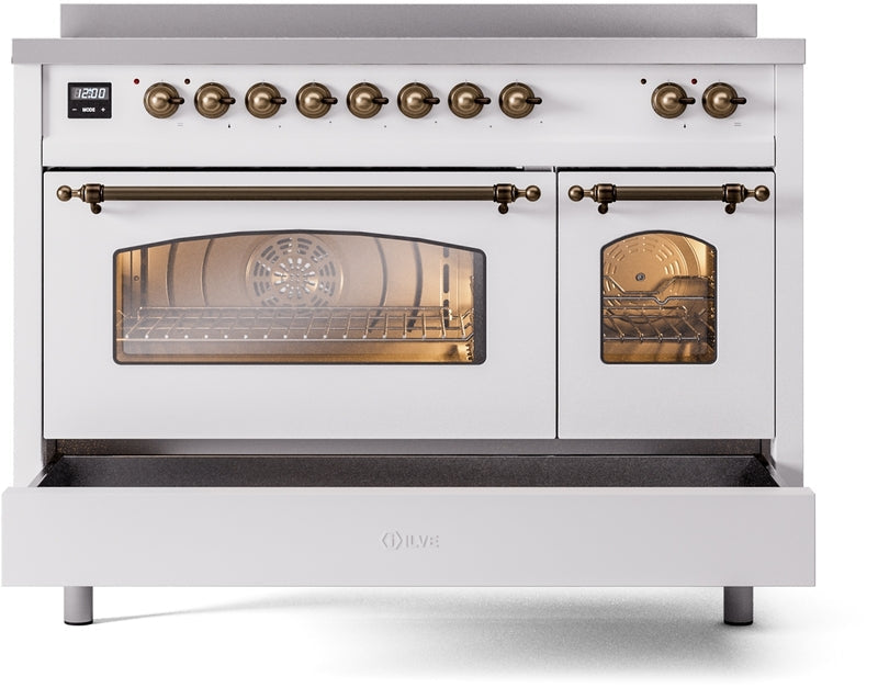 ILVE Nostalgie II 48" Induction Range with Element Stove and Electric Oven in White with Bronze Trim, UPI486NMPWHB