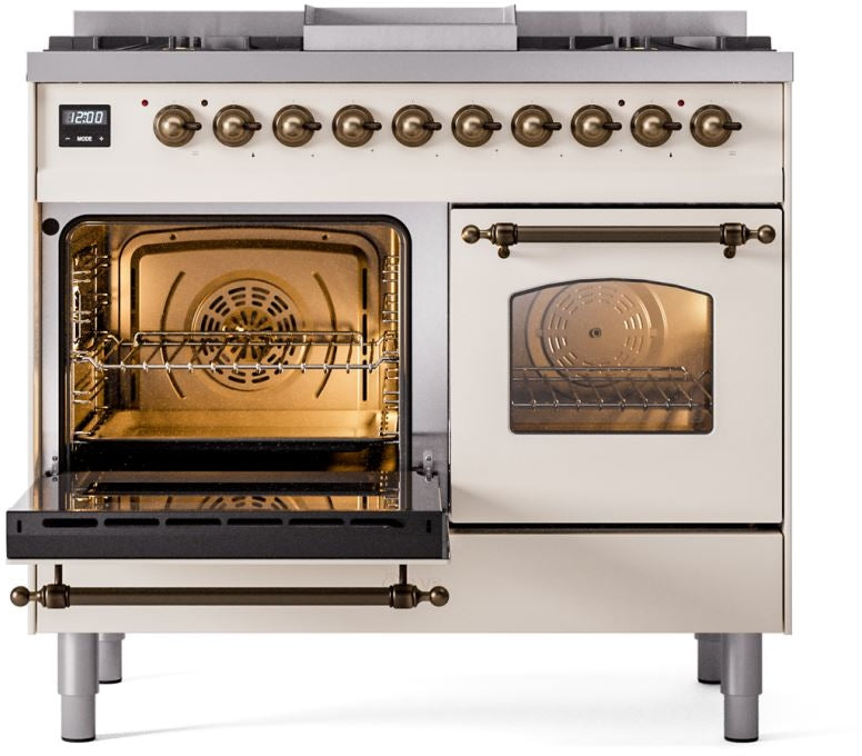 ILVE Nostalgie II 40" Dual Fuel Natural Gas Range in Antique White with Bronze Trim, UPD40FNMPAWB