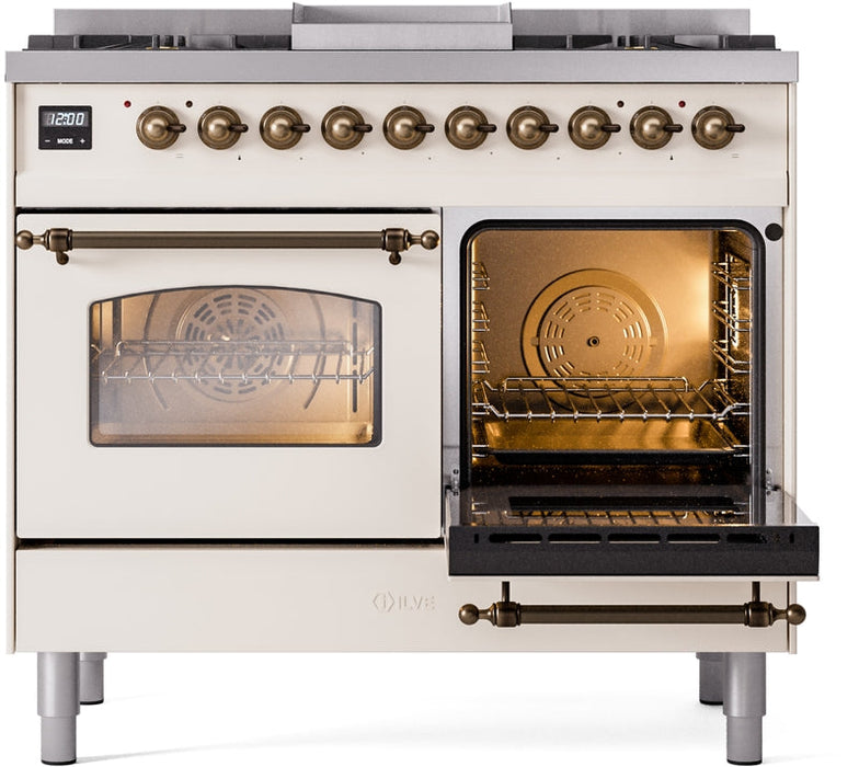 ILVE Nostalgie II 40" Dual Fuel Natural Gas Range in Antique White with Bronze Trim, UPD40FNMPAWB