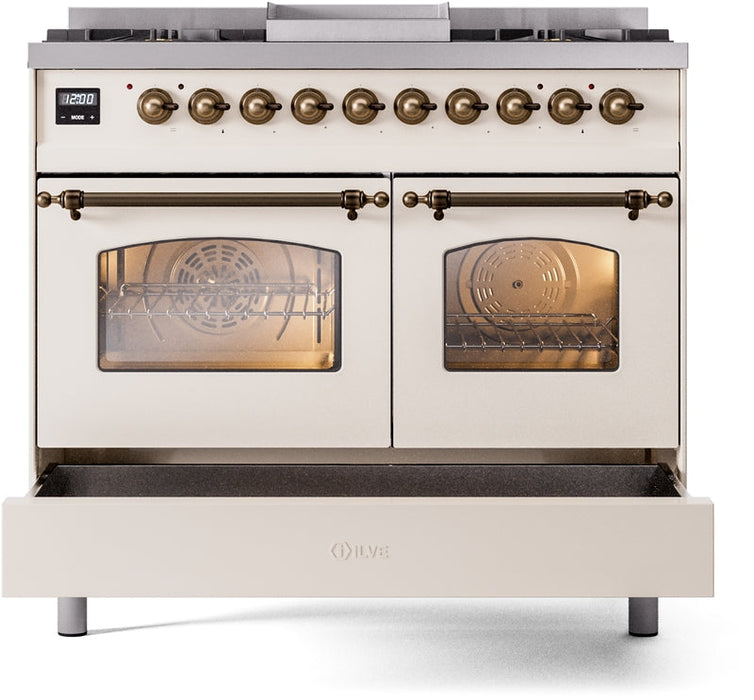 ILVE Nostalgie II 40" Dual Fuel Natural Gas Range in Antique White with Bronze Trim, UPD40FNMPAWB