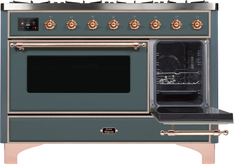 ILVE Majestic II 48" Dual Fuel Natural Gas Range in Blue Grey with Copper Trim, UM12FDNS3BGP