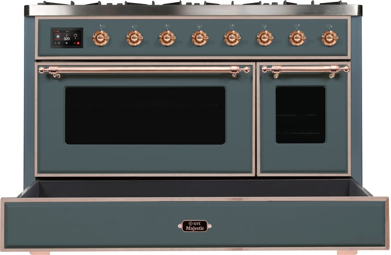 ILVE Majestic II 48" Dual Fuel Natural Gas Range in Blue Grey with Copper Trim, UM12FDNS3BGP