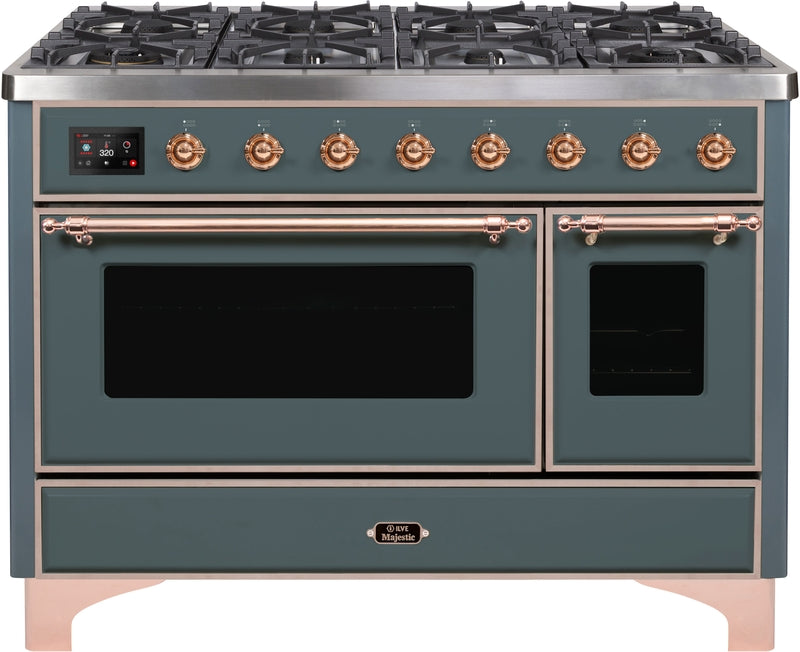 ILVE Majestic II 48" Dual Fuel Natural Gas Range in Blue Grey with Copper Trim, UM12FDNS3BGP