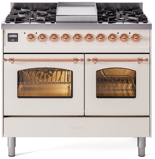 ILVE Nostalgie II 40" Dual Fuel Natural Gas Range in Antique White with Copper Trim, UPD40FNMPAWP