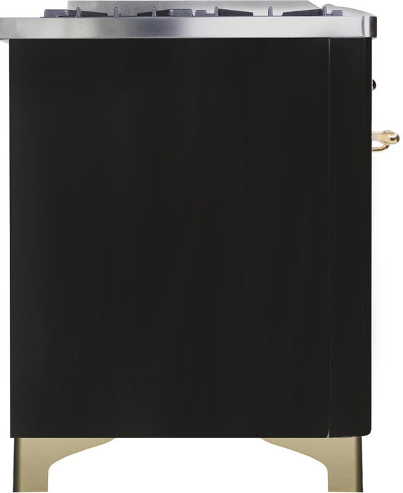 ILVE Majestic II 48" Dual Fuel Natural Gas Range in Glossy Black with Brass Trim, UM12FDNS3BKG