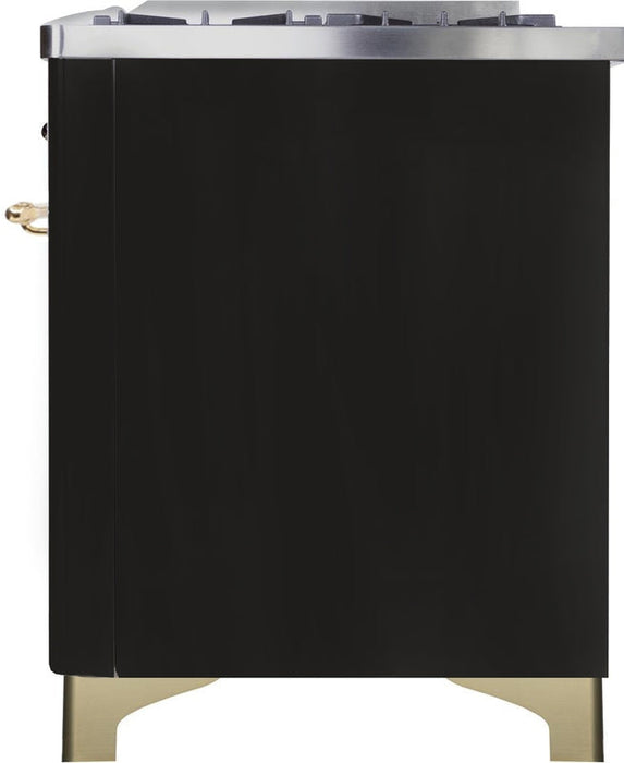 ILVE Majestic II 48" Dual Fuel Natural Gas Range in Glossy Black with Brass Trim, UM12FDNS3BKG