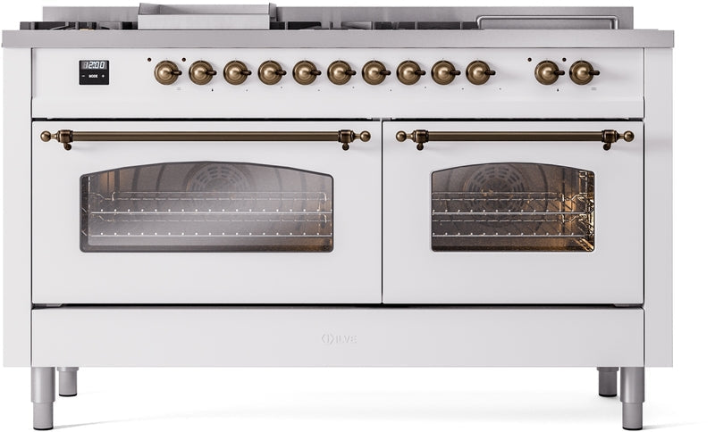 ILVE Nostalgie II 60" Dual Fuel Propane Gas Range in White with Bronze Trim, UP60FSNMPWHBLP