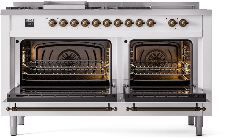 ILVE Nostalgie II 60" Dual Fuel Propane Gas Range in White with Bronze Trim, UP60FSNMPWHBLP