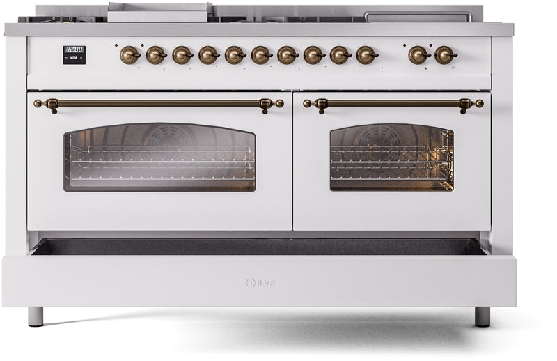 ILVE Nostalgie II 60" Dual Fuel Propane Gas Range in White with Bronze Trim, UP60FSNMPWHBLP